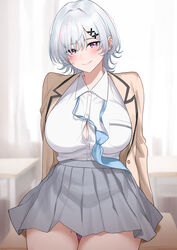  absurdres blue_necktie blush breasts brown_cardigan cardigan collared_shirt female grey_hair grey_skirt hair_ornament highres large_breasts looking_at_viewer loose_necktie multicolored_hair necktie nonbire open_cardigan open_clothes original panties panty_peek pink_hair pleated_skirt purple_eyes purple_panties shirt short_hair skirt smile solo streaked_hair underwear upper_body white_shirt x_hair_ornament 