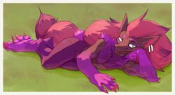  anthro bedroom_eyes claws diagamon finger_claws generation_5_pokemon grass hair kit_(zoroark144) long_hair looking_at_viewer lying male narrowed_eyes nintendo outside piercing plant pokemon pokemon_(species) seductive smile solo toe_claws zoroark 