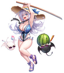  asahi bandana big_breasts blue_bandanna blue_clothing blue_eyes blue_kerchief blue_swimwear bow_hat bow_shoes breasts clothed clothing clothing_bow demon demon_humanoid digital_media_(artwork) familiar female food footwear fruit hair hat headgear headwear holding_object huge_breasts humanoid kerchief light_body light_skin melee_weapon melon merriam not_furry plant sandals simple_background solo straw_hat sun_hat swimwear taimanin_(series) weapon white_background white_hair wooden_sword 