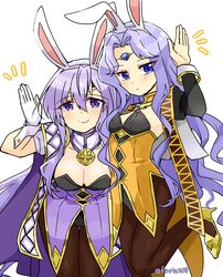  2girls alternate_costume animal_ears arm_up bent_over blue_eyes breasts circlet cleavage deadpan fake_animal_ears fire_emblem fire_emblem:_genealogy_of_the_holy_war fire_emblem:_thracia_776 fire_emblem_heroes jewelry julia_(fire_emblem) large_breasts leotard long_hair looking_at_viewer multiple_girls pantyhose playboy_bunny purple_eyes purple_hair sara_(fire_emblem) simple_background small_breasts smile thigh_gap waving yukia_(firstaid0) 