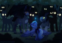  alicorn alternate_universe bat_pony blue_body blue_eyes blue_fur blue_tail equid equine female feral forest friendship_is_magic fur glowing glowing_eyes hasbro horn inuhoshi-to-darkpen male mammal my_little_pony mythological_creature mythological_equine mythology plant princess_luna_(mlp) pupils s1_luna_(mlp) slit_pupils story story_in_description tail tree wings 