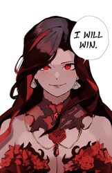  ago_(owenanaken) black_hair breasts cleavage dark-skinned_female dark_skin earrings english_text female jewelry jujutsu_kaisen large_breasts long_hair meme multicolored_hair nah_i&#039;d_win_(meme) necklace nijisanji nijisanji_en red_eyes red_hair scarle_yonaguni scarle_yonaguni_(2nd_costume) smile solo speech_bubble streaked_hair virtual_youtuber 