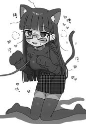  animal_ears animal_hands bags_under_eyes blunt_bangs blunt_ends blush breasts cat_ears cat_tail collar commentary_request female full_body glasses gloves greyscale heart heart-shaped_pupils heavy_breathing highres in_heat kemonomimi_mode kneeling large_breasts leash long_hair looking_ahead looking_at_viewer monochrome no_shoes nose_blush open_mouth patterned_clothing paw_gloves paw_pose pencil_skirt semi-rimless_eyewear shinigami_dot_com shirt simple_background skirt smile solo sweater symbol-shaped_pupils tail tail_raised taut_sweater thighhighs toukyou_tama unmoving_pattern yasashii_naizou 