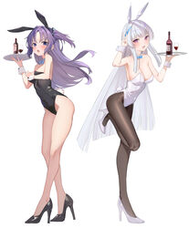  2girls alternate_costume animal_ears aqua_bow aqua_bowtie arm_up armpits bare_legs black_footwear black_leotard black_pantyhose blue_archive blue_bow blue_bowtie blush bottle bow bowtie breasts cleavage collarbone cup detached_collar drinking_glass fake_animal_ears fake_tail floating_hair full_body grey_hair hanamaru_tsubaki high_heels highleg highleg_leotard highres holding holding_tray large_breasts leotard long_hair looking_at_viewer medium_breasts multiple_girls no_halo noa_(blue_archive) pantyhose playboy_bunny purple_eyes purple_hair rabbit_ears rabbit_tail simple_background standing standing_on_one_leg straight_hair strapless strapless_leotard tail tray two_side_up v very_long_hair white_background white_footwear white_leotard wine_bottle wine_glass wrist_cuffs yuuka_(blue_archive) 