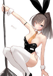  ahoge akizuki_(kancolle) alternate_costume animal_ears black_hair black_leotard blue_eyes breasts commentary_request detached_collar feet_out_of_frame female highres holding kantai_collection leotard neckerchief one-hour_drawing_challenge playboy_bunny pole ponytail rabbit_ears side-tie_leotard simple_background solo squatting strapless strapless_leotard stripper_pole tetsukuzu_(yajirushi_shita) thighhighs white_background white_thighhighs wrist_cuffs yellow_neckerchief 