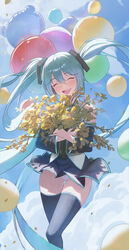  absurdres aqua_hair balloon black_c_(net_dust) black_skirt black_thighhighs blue_sky blush bouquet closed_eyes clothes_lift cloud detached_sleeves facing_viewer female flower hair_between_eyes happy hatsune_miku highres holding holding_bouquet long_hair open_mouth panties skirt skirt_lift sky smile solo standing thigh_gap thighhighs twintails underwear very_long_hair vocaloid white_panties wind wind_lift yellow_flower zettai_ryouiki 