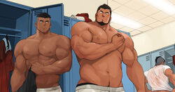  3boys abs bara beard black_eyes black_hair black_male_underwear blush bottomless changing_room cowboy_shot cropped dark-skinned_male dark_skin dirty dirty_clothes facial_hair highres large_pectorals leg_hair locker locker_room looking_at_another male_focus male_underwear mature_male mohawk multiple_boys muscular muscular_male navel navel_hair nipples original paid_reward_available pectorals plump rugby_uniform shirt short_hair shorts spiked_hair sportswear stomach stubble tarutoru thick_thighs thighs topless_male undercut underwear undressing wet wet_clothes wet_shirt white_shirt white_shorts yaoi 