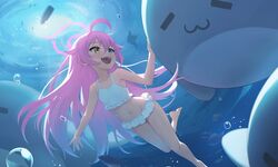  ahoge bare_arms bare_legs bare_shoulders barefoot bikini blue_archive blue_eyes blush breasts collarbone commentary female frilled_bikini frills hair_between_eyes halo heterochromia highres hirotaka0125 hoshino_(blue_archive) hoshino_(swimsuit)_(blue_archive) inflatable_toy inflatable_whale long_hair navel official_alternate_costume open_mouth pink_hair pink_halo small_breasts smile solo swimsuit underwater white_bikini yellow_eyes 