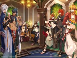  6+boys arabian_clothes arataki_itto black_gloves blonde_hair blue_cape blue_hair brown_gloves brown_hair cake cape clothing_cutout crop_top cup dark-skinned_male dark_skin diluc_(genshin_impact) eyepatch feet feet_out_of_frame food full_body genshin_impact gloves green_eyes grey_hair highres hiki_yuichi holding holding_cup holding_plate horns indoors jacket kaeya_(genshin_impact) kamisato_ayato lamp lantern long_hair male_focus mask mask_on_head midriff multicolored_hair multiple_boys muscular muscular_male navel open_mouth orange_hair pants pectoral_cleavage pectorals plate ponytail red_eyes red_hair red_horns red_mask shoes short_hair stained_glass standing stomach tartaglia_(genshin_impact) thoma_(genshin_impact) tile_wall tiles toes vision_(genshin_impact) watermark window zhongli_(genshin_impact) 