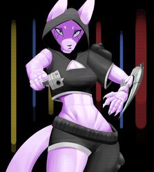  absurd_res animal_humanoid anthro banne blade canid canid_humanoid canine canine_humanoid cleavage_cutout clothing cutout cyberpunk female fox fox_humanoid hi_res hooded hoodie humanoid looking_at_viewer mammal mammal_humanoid midriff narrowed_eyes solo squint tail topwear 