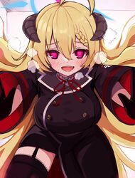  absurdres ahoge akari_(blue_archive) assertive_female black_dress black_gloves black_horns black_thighhighs blonde_hair blue_archive blue_halo braid braided_bangs breasts demon_girl demon_horns double-parted_bangs dress female garter_straps gloves hair_between_eyes halo heavy_breathing highres horns indoors large_breasts long_hair long_sleeves neck_ribbon pink_eyes pink_hair pink_pupils red_ribbon ribbon single_thighhigh solo thighhighs thomason366 