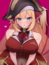  akai_haato black_choker black_coat blonde_hair blue_eyes blush breasts choker cleavage coat cosplay covered_navel cropped_jacket female frilled_choker frills hair_ribbon heart highres hololive houshou_marine houshou_marine_(1st_costume) houshou_marine_(cosplay) jacket large_breasts leotard leotard_under_clothes looking_at_viewer nokonata open_mouth pink_background red_coat red_jacket red_ribbon ribbon side_ponytail sleeveless sleeveless_jacket solo two-sided_coat two-sided_fabric virtual_youtuber 