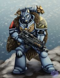  absurd_res adeptus_astartes armor blue_body blue_fur bolter bone buzz canid canine canis cape clenched_teeth clothing fur fur_cloak gun hi_res machine magazine mammal power_armor ranged_weapon scope skull snarling snow solo space_wolves teeth teeth_showing viccreates warhammer_(franchise) warhammer_40000 weapon wolf 