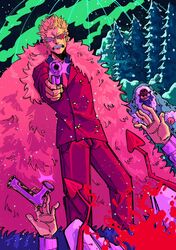  3boys beard blonde_hair blood blood_from_eyes blue_coat brothers bugsinmyhoney clenched_teeth coat death donquixote_doflamingo donquixote_rocinante earrings facial_hair falling feather_coat feet_out_of_frame firing gun highres holding holding_gun holding_weapon jewelry male_focus multiple_boys one_piece pants pine_tree pink_coat red_pants red_suit short_hair siblings smile snowing suit sunglasses teeth trebol tree weapon winter 