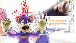  16:9 anthro asking blue_body blue_fur breaking_the_fourth_wall bright_light colored concept dialogue dialogue_box digital_drawing_(artwork) digital_media_(artwork) drawing eleno_lenkkit felid floating_hands fur hair help_me human hybrid male mammal messy_fur nails orange_eyes paint_tool_sai_(artwork) paint_tool_sai_(copyright) peludo photography_(artwork) pink_nose purple_body purple_fur purple_hair scared screaming shaded simple_background solo spread_wings talking_to_viewer tan_body tan_fur vobax_(species) white_background white_body white_skin widescreen wings 