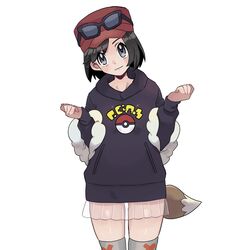  1boy black-framed_eyewear black_hoodie blush calem_(pokemon) closed_mouth commentary_request cosplay crossdressing eyewear_on_headwear grey_eyes grey_thighhighs hat head_tilt highres hood hoodie long_sleeves male_focus penny_(pokemon) penny_(pokemon)_(cosplay) poke_ball_print pokemon pokemon_sv pokemon_xy red_hat sana_(37pisana) see-through see-through_skirt shiny_skin short_hair skirt smile solo sunglasses thighhighs 