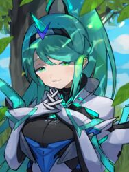  asagi1111 breasts chest_jewel earrings female gem gloves greek_text green_eyes green_hair headpiece highres jewelry large_breasts long_hair pneuma_(xenoblade) ponytail solo swept_bangs tiara very_long_hair xenoblade_chronicles_(series) xenoblade_chronicles_2 