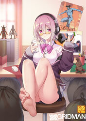  absurdres alexis_kerib ass baltan_seijin bare_legs barefoot bendy_straw bow bowtie boxcutter breasts chair cleavage closed_mouth collared_shirt commentary_request computer computer_mouse computer_tower copyright_name curtains desk devadadan devilman devilman_(character) drink drinking_straw feet female figure gridman_universe headphones heiz highres hipporito_seijin holding holding_drink indoors jacket juice_box knees_up long_sleeves looking_at_viewer looking_over_eyewear monitor on_chair otaku_room paintbrush poster_(object) purple_bow purple_bowtie purple_hair purple_jacket school_uniform shinjou_akane shirt sitting smile soles solo ssss.gridman sunglasses tinted_eyewear trash_bag ultra_series ultraman_(1st_series) ultraman_ace_(series) white_shirt yellow-tinted_eyewear 