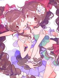  2girls :d ;d amane_tsukasa amane_tsukasa_(swimsuit_ver.) amane_tsukuyo amane_tsukuyo_(swimsuit_ver.) aqua_bikini bikini bikini_skirt blue_bikini blurry braid braided_ponytail breast_press breasts brown_hair coral_hair_ornament crescent crescent_hair_ornament dutch_angle flower frilled_bikini frilled_cuffs frills hair_flower hair_ornament halterneck hand_up long_hair looking_at_viewer magia_record:_mahou_shoujo_madoka_magica_gaiden mahou_shoujo_madoka_magica multiple_girls one_eye_closed open_mouth paru_rari pendant_choker plumeria red_eyes ribbon shell_hair_ornament siblings sidelocks single_braid single_wrist_cuff sisters smile spaghetti_strap sparkle star_(symbol) star_hair_ornament swimsuit symmetrical_docking twin_braids twins very_long_hair white_background white_flower white_ribbon wrist_cuffs 