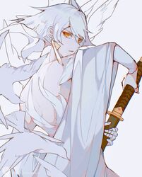  1boy back bandaged_fingers bandages bare_back bird bob_cut daleth_(sky:_children_of_the_light) doupichipizi earrings grey_hair highres holding holding_sword holding_weapon jewelry looking_back male_focus orange_eyes short_hair simple_background sky:_children_of_the_light solo sword tassel tassel_earrings upper_body weapon white_bird white_hair 