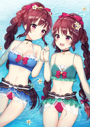  2girls :d absurdres amane_tsukasa amane_tsukasa_(swimsuit_ver.) amane_tsukuyo amane_tsukuyo_(swimsuit_ver.) aqua_bikini bikini bikini_skirt black_choker blue_background blue_bikini blue_nails blush bow braid braided_ponytail brown_hair choker closed_mouth coral_hair_ornament cowboy_shot crescent crescent_hair_ornament dot_nose eighth_note flower frilled_bikini frilled_cuffs frills hair_flower hair_ornament hairbow halterneck highres holding_hands long_hair looking_at_another magia_record:_mahou_shoujo_madoka_magica_gaiden mahou_shoujo_madoka_magica matching_outfits mochiko_(uyu_omochi) multiple_girls musical_note navel official_alternate_costume open_mouth pendant_choker plumeria red_bow red_eyes ribbon shell_hair_ornament siblings sidelocks single_braid single_wrist_cuff sisters smile spaghetti_strap starfish_hair_ornament swept_bangs swimsuit thigh_gap treble_clef twin_braids twins very_long_hair waves white_ribbon wrist_cuffs yellow_flower 