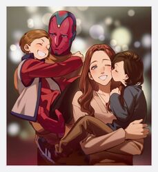  3boys affectionate android animification billy_maximoff black_shirt brothers brown_hair carrying colored_skin commentary_request family father_and_son female highres husband_and_wife kissing kissing_cheek lolicon long_hair marvel marvel_cinematic_universe mother_and_son multiple_boys orange_shirt qin_(7833198) red_hair red_shirt red_skin shirt siblings tommy_maximoff turtleneck vest vision_(marvel) wanda_maximoff wandavision 