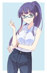  aqua-framed_eyewear aqua_eyes bare_arms bare_shoulders black_pants blue_background blue_hair border breasts collared_shirt commentary_request cowboy_shot denim e20 elbow_on_arm female glasses hair_tie hand_up highres jeans large_breasts long_hair looking_at_viewer original outline pants ponytail semi-rimless_eyewear shirt sidelocks sleeveless sleeveless_shirt smile solo under-rim_eyewear watch white_border white_outline white_shirt wing_collar wristwatch 