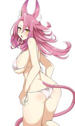  animal_ear_fluff animal_ears ass bikini breasts commentary duel_monster female ferret_ears ferret_girl ferret_tail from_behind hair_between_eyes highres large_breasts long_hair looking_at_viewer looking_back pink_hair pink_tail side-tie_bikini_bottom slit_pupils solo strap_gap swimsuit synchroman tail tri-brigade_ferrijit_the_barren_blossom white_bikini yellow_eyes yu-gi-oh! 