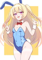  :3 absurdres animal_ears azur_lane bache_(azur_lane) bare_shoulders blonde_hair blue_leotard border bow bowtie breasts covered_navel cowboy_shot detached_collar double_v female highres igarashi_gozo leotard long_hair looking_at_viewer oerba_yun_fang pantyhose playboy_bunny purple_eyes rabbit_ears rabbit_tail red_bow red_bowtie small_breasts smile solo strapless strapless_leotard tail thighband_pantyhose two-tone_background two_side_up v white_border white_pantyhose wrist_cuffs yellow_background 