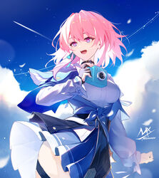  :d artist_name black_choker black_gloves blue_eyes blue_skirt blue_sky breasts camera chinese_commentary choker cloud commentary day female gloves hair_between_eyes highres holding holding_camera honkai:_star_rail honkai_(series) long_sleeves looking_to_the_side making-of_available march_7th_(honkai:_star_rail) march_7th_(preservation)_(honkai:_star_rail) medium_breasts outdoors partially_fingerless_gloves pink_hair pleated_skirt puffy_long_sleeves puffy_sleeves shimmer shirt signature single_glove skirt sky sleeves_past_wrists smile solo thigh_strap white_shirt 