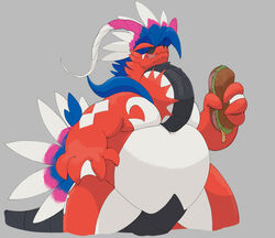  2023 absurd_res ancient_pokemon anthro apex_build_koraidon belly biped black_body blue_body blue_feathers closed_eyes digital_drawing_(artwork) digital_media_(artwork) dripping eating feathers food generation_9_pokemon grey_background hi_res holding_food holding_object holding_sandwich koraidon legendary_pokemon licking licking_lips male moobs multicolored_body multicolored_feathers nintendo overweight overweight_anthro overweight_male paradox_pokemon pink_body pink_feathers pokemon pokemon_(species) portrait red_body reptile sandwich_(food) scalie simple_background smile solo tail thick_thighs three-quarter_portrait three-quarter_view tongue tongue_out white_body white_feathers xeniyy 