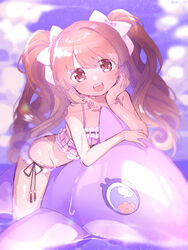  :d bikini black_ribbon bow brown_eyes brown_hair cloud cloudy_sky commentary_request female frilled_bikini frills hairbow head_rest highres inflatable_dolphin inflatable_toy jewelry long_hair looking_at_viewer magia_record:_mahou_shoujo_madoka_magica_gaiden mahou_shoujo_madoka_magica open_mouth outdoors partial_commentary paru_rari pink_bikini purple_sky ribbon ring satomi_touka satomi_touka_(swimsuit_costume) sky smile solo string_bikini swimsuit teeth twintails upper_teeth_only white_bow 