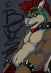  2007 belly bottomwear bowser bracelet clothed clothing collar eyebrow_piercing facial_hair facial_piercing goatee horn jewelry koopa male mario_bros navel nintendo pants piercing red_eyes scalie shell slightly_chubby solo spiked_bracelet spiked_collar spiked_shell spikes spikes_(anatomy) topless voondahbayosh 