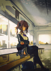  arms_under_breasts bag black_jacket black_ribbon black_thighhighs blue_skirt blurry blurry_background bow bowtie brown_hair cevio closed_mouth collared_shirt commentary_request female film_grain from_side frown full_body furrowed_brow glaring hair_ribbon highres indoors jacket kabuyama_kaigi long_sleeves looking_ahead medium_hair mole mole_under_eye natsuki_karin on_bench open_clothes open_jacket pleated_skirt purple_bow purple_bowtie purple_eyes ribbon school_bag school_uniform shirt shoes sitting skirt solo synthesizer_v thighhighs twintails unworn_bag waiting white_shirt 