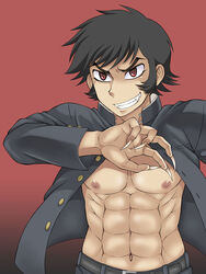  1boy abs asuka_ryou bare_pectorals devilman fudou_akira gakuran kanbayashi_takaki male_focus pectorals school_uniform toned toned_male 