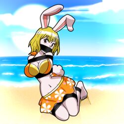  1:1 absurd_res anthro beach big_breasts blonde_hair bondage bondage bottomwear bound breasts brown_eyes carrot_(one_piece) cleavage clothed clothing cotton_tail eyelashes female fur gag gagged hair hi_res lagomorph leporid looking_at_viewer mammal minkmen_(one_piece) navel one_piece orange_bottomwear orange_clothing orange_skirt orange_swimwear rabbit radiantrealm sand sea seaside skirt sky solo sun swimwear tail tail_under_skirt water white_body white_fur yellow_clothing yellow_swimwear 