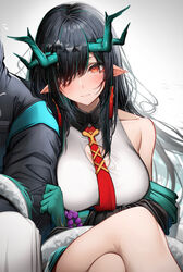  1other absurdres ambiguous_gender arknights arm_rest arm_support arm_under_breasts armpit_crease bare_shoulders bead_bracelet beads between_breasts black_hair black_hood black_jacket blush bracelet breast_press breasts china_dress chinese_clothes cleavage cleavage_cutout closed_mouth clothes_down clothes_grab clothing_cutout collarbone collared_dress colored_skin commentary_request covered_collarbone crossed_legs doctor_(arknights) dragon_girl dragon_horns dragon_tail dress dusk_(arknights) earrings embarrassed eyelashes feet_out_of_frame female flying_sweatdrops gradient_background green_hair green_horns green_skin grey_background hair_flowing_over hair_ornament hair_over_one_eye high_collar highres hood hood_up hooded_jacket horns jacket jacket_grab jacket_partially_removed jewelry knees large_breasts leaning leaning_on_person light_smile lips long_bangs long_hair long_shirt long_sleeves looking_at_viewer multicolored_hair multicolored_skin multiple_horns necktie necktie_between_breasts open_clothes open_jacket orange_eyes parted_bangs pointy_ears red_necktie shadow shirt short_dress sidelocks sitting sleeve_grab sleeveless sleeveless_dress solo_focus straight_hair streaked_hair tab_head tail tail_wrap tassel tassel_earrings thighs triangle_hair_ornament two-tone_hair white_dress white_shirt white_tail wing_collar 