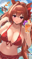  2girls absurdres animal_ears antenna_hair beach bikini bikini_skirt blue_sky blush bow breasts brown_hair cloud cloudy_sky commentary_request cowboy_shot cup daiwa_scarlet_(trifle_vacation)_(umamusume) daiwa_scarlet_(umamusume) day dutch_angle dx_(xxer4838) ear_ornament ears_down embarrassed frilled_bikini frills front-tie_bikini_top front-tie_top glass hair_between_eyes hair_intakes hair_ornament hairbow highres holding holding_cup horse_ears horse_girl horse_tail light_frown long_hair looking_at_viewer multicolored_hair multiple_girls navel notice_lines ocean official_alternate_costume open_mouth outdoors red_bikini red_bow red_eyes red_hair sand sky solo_focus streaked_hair sweat swimsuit tail twintails umamusume v-shaped_eyebrows very_long_hair vodka_(umamusume) water white_hair 