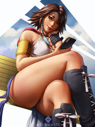  artist_name azuma_yasuo bench boots breasts cellphone cleavage cross-laced_footwear crossed_legs female final_fantasy final_fantasy_x final_fantasy_x-2 heterochromia highres hood phone short_hair short_shorts shorts showgirl_skirt smartphone smile solo thighs yuna_(ff10) 