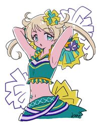  :o armpits arms_behind_head arms_up blonde_hair blue_eyes breasts cheerleader commentary_request cowboy_shot female green_shirt green_skirt hair_ornament holding holding_pom_poms kiratto_pri_chan long_hair looking_at_viewer midriff moegi_emo open_mouth pom_pom_(cheerleading) pretty_series rituyama1 shirt signature simple_background skirt sleeveless sleeveless_shirt small_breasts solo standing twintails white_background 