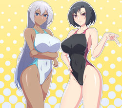  2girls black_hair black_one-piece_swimsuit blue_eyes breasts commentary_request competition_swimsuit contrast covered_navel dark-skinned_female dark_skin grey_hair groin highleg highleg_swimsuit large_breasts lips long_hair madoka_(user_zrnk8278) multiple_girls one-piece_swimsuit original purple_eyes short_hair standing swimsuit two-tone_swimsuit white_one-piece_swimsuit 