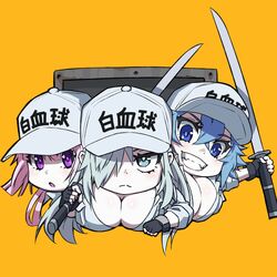  3girls black_gloves blue_eyes blue_hair blue_pupils breast_pocket breasts chibi cleavage closed_mouth clothes_writing crossed_bangs fingerless_gloves gloves grey_hair grey_headwear grin hair_between_eyes hair_over_one_eye hat hataraku_saibou hataraku_saibou_black holding holding_sword holding_weapon large_breasts light_frown long_hair long_sleeves looking_at_viewer mikoyan multiple_girls open_mouth orange_background outstretched_arm pink_hair pink_pupils pocket purple_eyes smile sword translated u-1196 u-1212 u-8787 upper_body weapon white_blood_cell_(hataraku_saibou) 