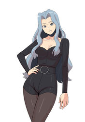  absurdres black_dress blue_eyes blue_hair breasts brown_pantyhose cleavage collarbone dress female hand_on_own_hip highres karen_(pokemon) long_hair long_sleeves looking_at_viewer low-cut pantyhose pokemon pokemon_hgss smile solo vmfhaldnjfem white_background 