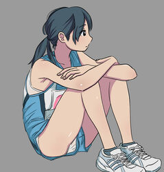  black_eyes black_hair closed_mouth commentary_request cross-laced_footwear eyelashes female full_body grey_background highres medium_hair original panties pantyshot shoes simple_background sitting solo sumiyama track_uniform underwear upshorts white_footwear 