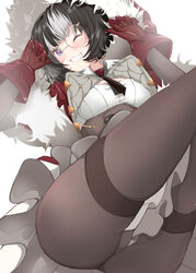  azur_lane between_legs black_hair black_neckerchief blue_eyes eskimo_(azur_lane) female fur-trimmed_hood fur_trim glasses gloves grey_hair highres hood mikuchi3939 multicolored_hair neckerchief one_eye_closed pantyhose red_gloves round_eyewear shirt solo streaked_hair teeth thighband_pantyhose thighs white_shirt 