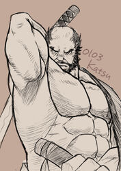  1boy abs armpits bald_spot bara bare_pectorals beard brown_theme connected_beard facial_hair final_fantasy final_fantasy_xiv frown full_beard greyscale_with_colored_background hadanugi_dousa holding holding_sword holding_weapon incoming_attack katsu_7518 large_pectorals looking_at_viewer male_focus moustache muscular muscular_male pectorals roegadyn ronin sanpaku solo strongman_waist sword thick_eyebrows tsurime upper_body warrior_of_light_(ff14) weapon 