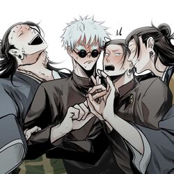  4boys 8990gs black_hair blush full-face_blush getou_suguru getou_suguru_(kenjaku) gojou_satoru highres jujutsu_kaisen jujutsu_tech_uniform male_focus multiple_boys penetration_gesture piercing plug_(piercing) round_eyewear smile strangling sunglasses surprised sweat white_hair yaoi 