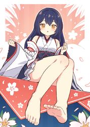  :o bare_legs bare_shoulders barefoot blue_hair blush commission feet female highres japanese_clothes kimono knees_together_feet_apart kohinata_kuon legs long_hair looking_at_viewer onyhakase orange_eyes original second-party_source sitting skeb_commission soles solo toenails toes 