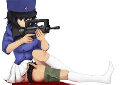  aiming andou_(girls_und_panzer) assault_rifle bc_freedom_(emblem) bc_freedom_military_uniform black_hair blood blue_headwear blue_jacket bullpup crying emblem famas female girls_und_panzer gun hat holding holding_gun holding_weapon injury jacket kepi military_hat mt_totemo_tuyoi no_shoes non-web_source rifle socks tears trigger_discipline weapon white_socks 