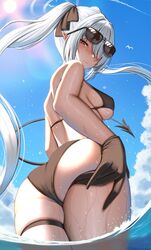  ass ass_focus ass_support back backboob bare_shoulders black_gloves black_ribbon blue_archive blue_sky blush breasts closed_mouth commentary cowboy_shot dark-skinned_female dark_skin day demon_girl demon_tail embarrassed eyes_visible_through_hair eyewear_on_head female floating_hair foreshortening from_below gloves grey_hair hair_over_one_eye hair_ribbon iori_(blue_archive) iori_(swimsuit)_(blue_archive) long_hair looking_at_viewer looking_down medium_breasts nose_blush official_alternate_costume outdoors pointy_ears red_eyes ribbon skindentation sky solo sun sunglasses tail thigh_strap twintails underboob very_long_hair wading water wet zukky 